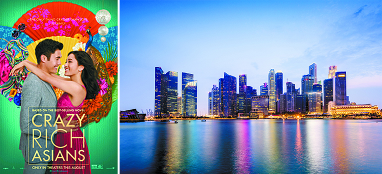 (왼쪽 이미지) 영화 크레이지 리치 아시안 포스터 / (우측 이미지) 도시의 야경 - 싱가포르의 스카이라인은 아름다운 야경에 멋을 더한다. 선텍시티, 사우스 비치, 마리나 만다린 호텔 등 현대건설은 싱가포르의 랜드마크 건축물을 다수 건설했습니다.